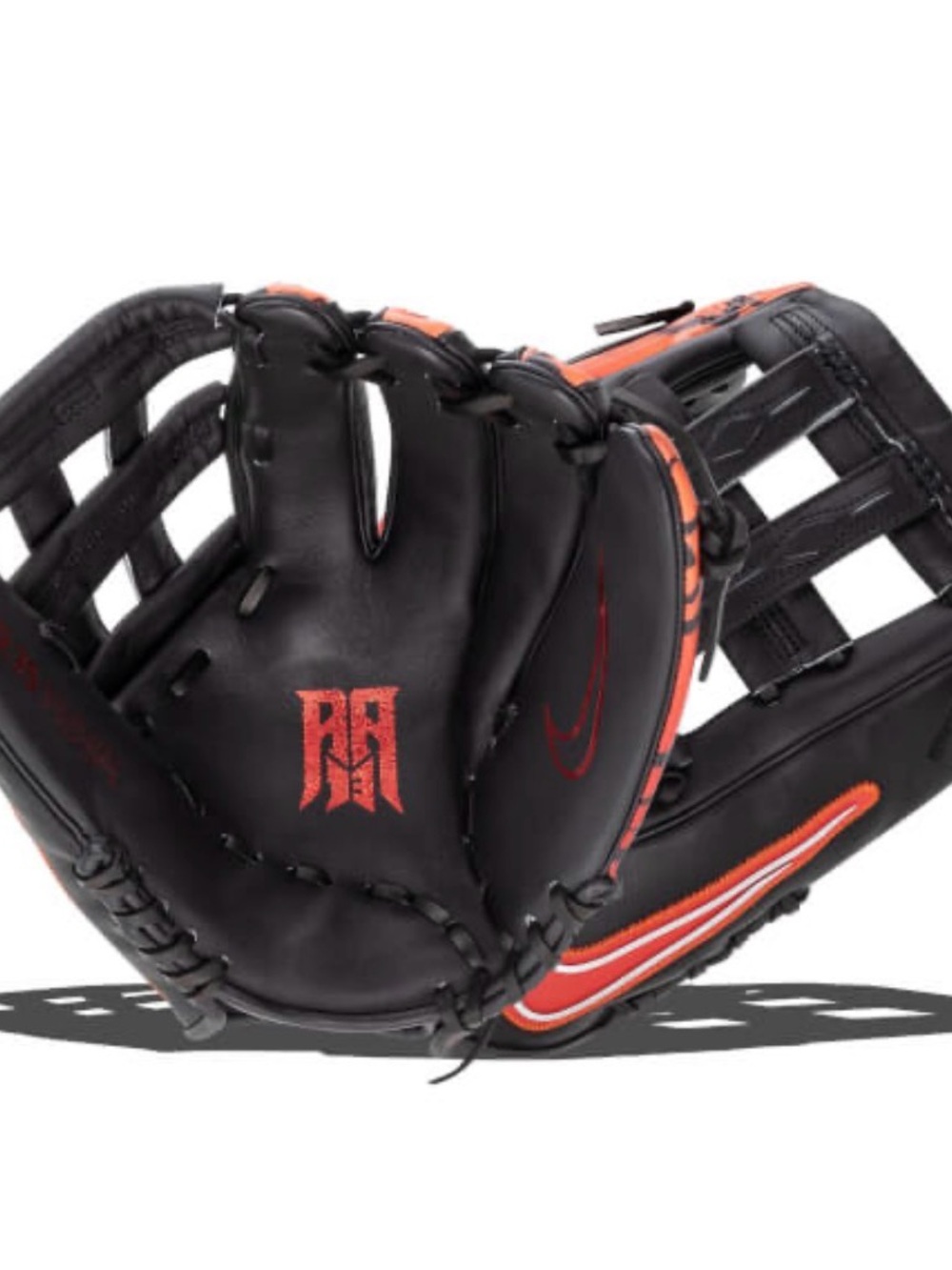 Nike Black and Orange Baseball Glove with Red Logo